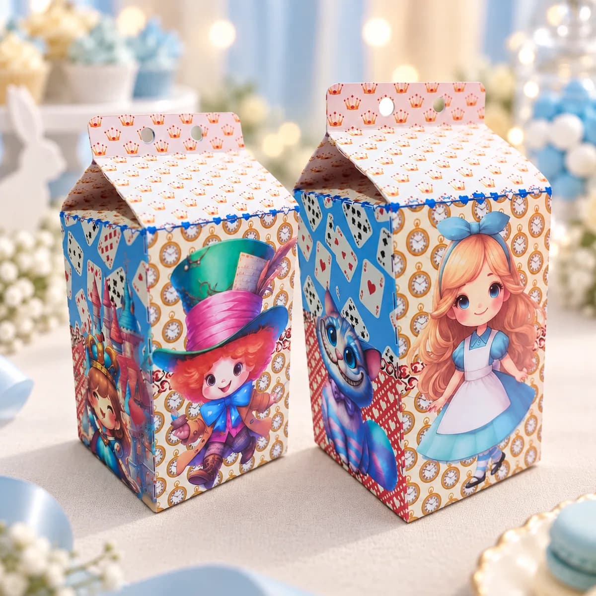 Caixas milk da Alice e do Chapeleiro Maluco personalizadas