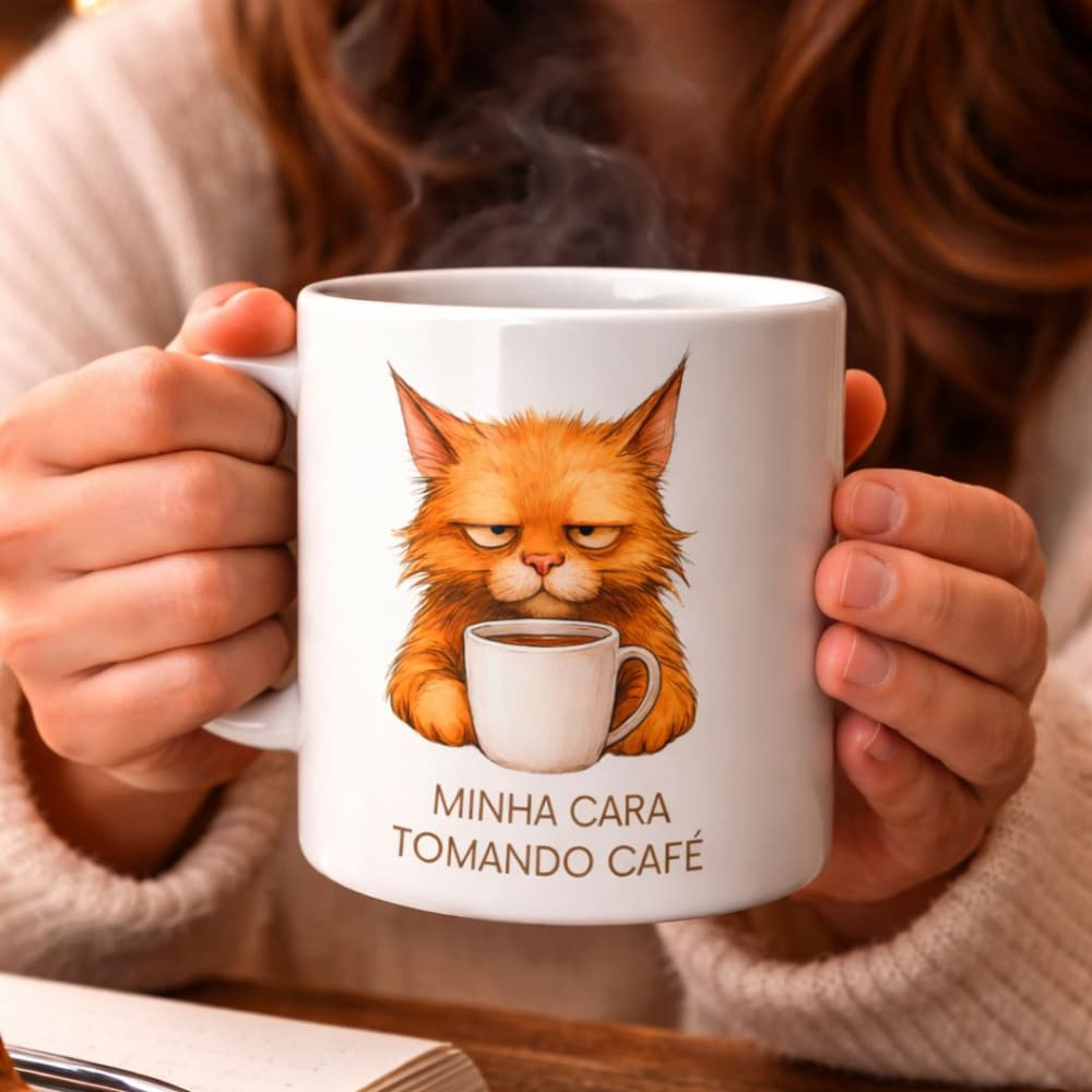 Caneca de cerâmica com o gato ranzinza tomando café