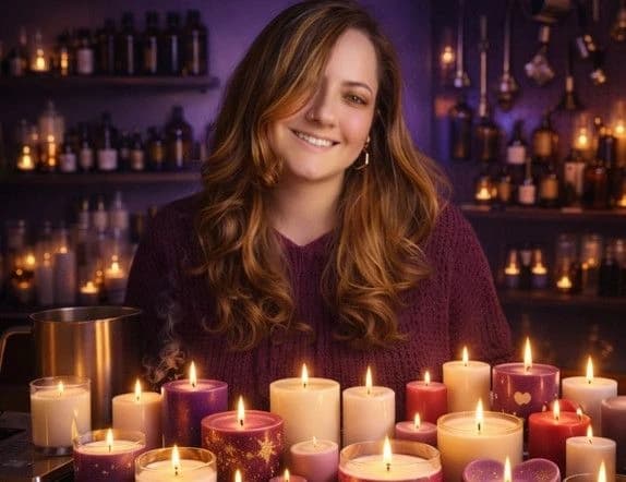 Lígia Rubia, fundadora do Studio Mimosê, entre velas no ateliê